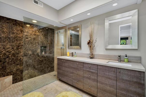 Bathroom, Dual Sink Vanities, Glass Shower, Interior, Recessed Lighting