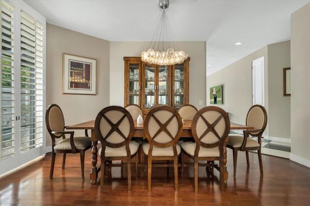 Dining room, Interior, Pendant Lights, Recessed Lighting, Wood Texture Flooring
