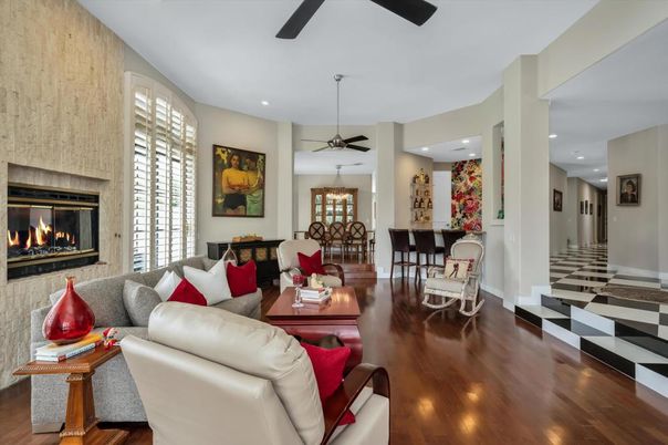 Dining room, Fireplace, Interior, Living room, Pendant Lights, Recessed Lighting, Wood Texture Flooring