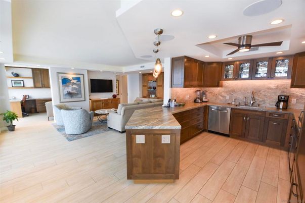 Interior, Kitchen, Living room, Pendant Lights, Recessed Lighting, Stainless Steel Appliances, Wood Texture Flooring