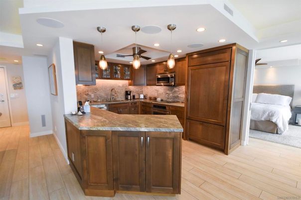 Bedroom, Interior, Kitchen, Pendant Lights, Recessed Lighting, Wood Texture Flooring