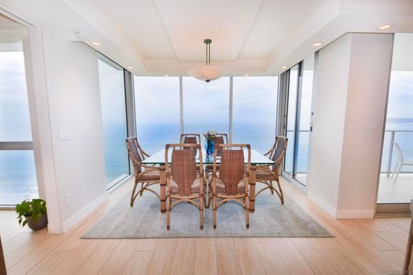 Dining room, Interior, Pendant Lights, Recessed Lighting, Water, Wood Texture Flooring