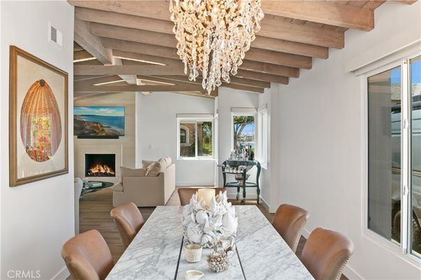 Chandelier, Dining room, Fireplace, Interior, Living room, Wooden Beams, Wood Texture Flooring