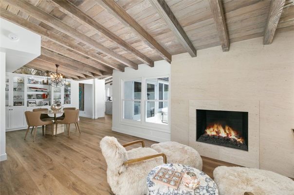 Chandelier, Dining room, Fireplace, Interior, Wooden Beams, Wooden Ceilings, Wood Texture Flooring