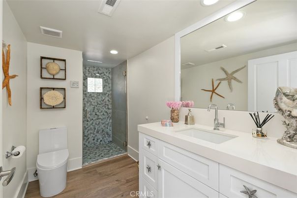Bathroom, Glass Shower, Interior, Recessed Lighting, Wood Texture Flooring