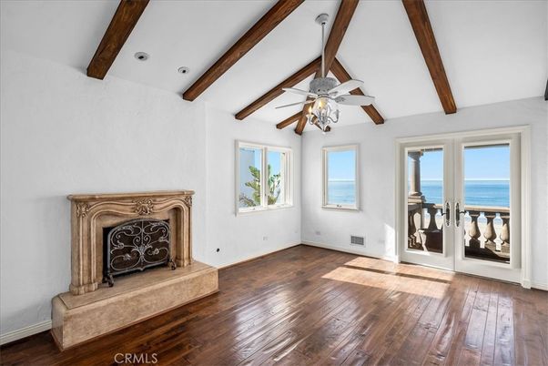 Empty room, Fireplace, Interior, Water, Wooden Beams, Wood Texture Flooring