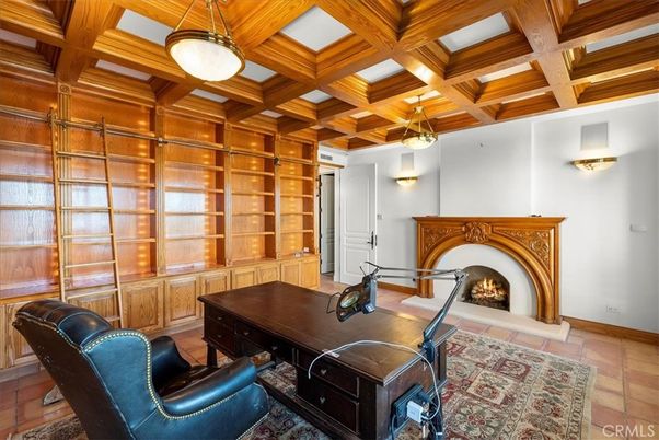 Fireplace, Home Office, Interior, Pendant Lights, Wooden Beams, Wooden Ceilings, Wooden Walls