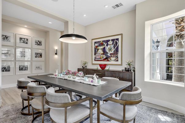 Dining room, Interior, Pendant Lights, Recessed Lighting, Wood Texture Flooring