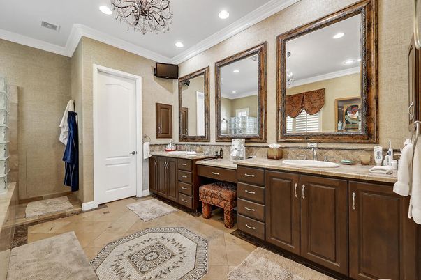 Bathroom, Chandelier, Dual Sink Vanities, Interior, Recessed Lighting