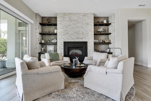 Fireplace, Interior, Living room, Recessed Lighting, Stone Walls, Wood Texture Flooring