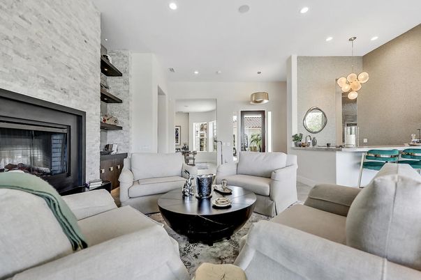 Fireplace, Interior, Living room, Pendant Lights, Recessed Lighting, Stone Walls