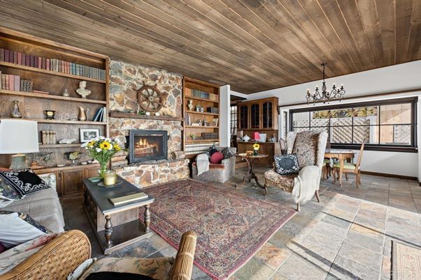 Fireplace, Interior, Living room, Pendant Lights, Stone Walls, Wooden Ceilings