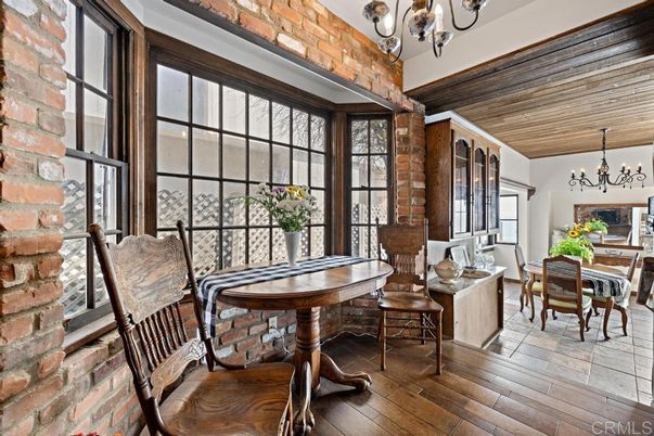 Chandelier, Dining room, Interior, Stone Walls, Wood Texture Flooring