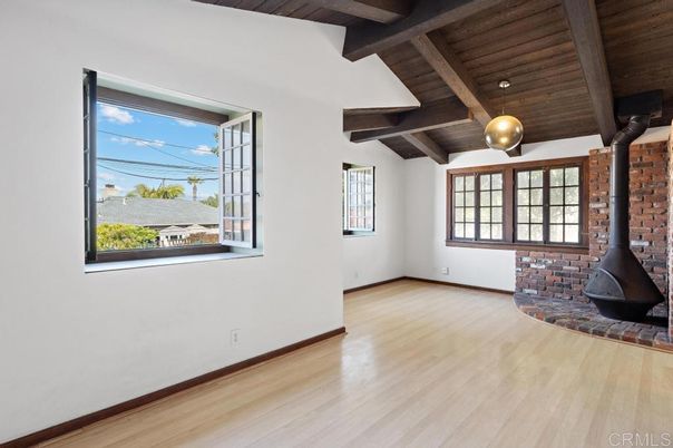 Empty room, Fireplace, Interior, Pendant Lights, Wooden Beams, Wooden Ceilings, Wood Texture Flooring