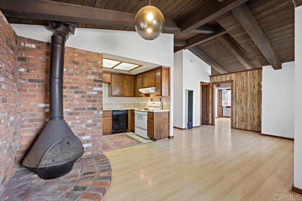 Fireplace, Interior, Kitchen, Pendant Lights, Stone Walls, Wooden Beams, Wooden Ceilings, Wood Texture Flooring