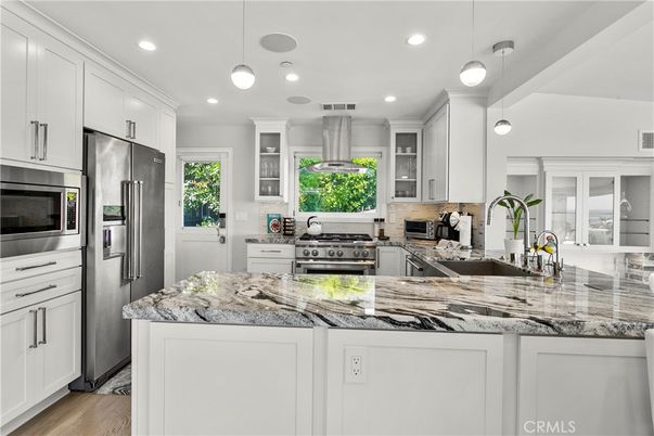 Interior, Kitchen, Pendant Lights, Recessed Lighting, Stainless Steel Appliances, Wood Texture Flooring