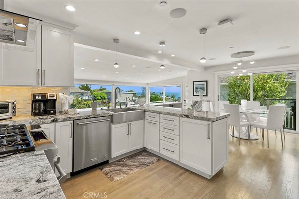 Dining room, Interior, Kitchen, Pendant Lights, Recessed Lighting, Water, Wood Texture Flooring