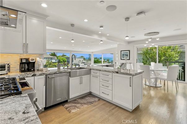 Dining room, Interior, Kitchen, Pendant Lights, Recessed Lighting, Water, Wood Texture Flooring