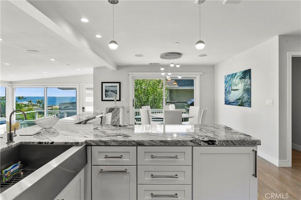 Dining room, Interior, Kitchen, Pendant Lights, Recessed Lighting, Water, Wood Texture Flooring