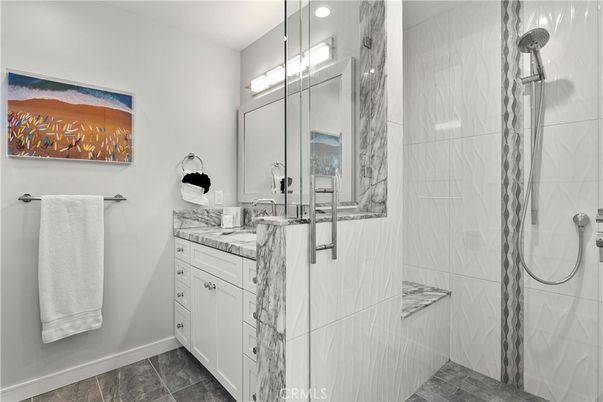 Bathroom, Glass Shower, Interior, Recessed Lighting, Tile Countertops