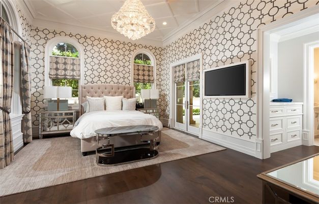 Bedroom, Chandelier, Interior, Recessed Lighting, Wood Texture Flooring