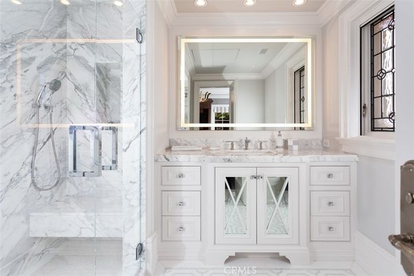 Bathroom, Glass Shower, Interior, Marble, Marble Walls, Recessed Lighting