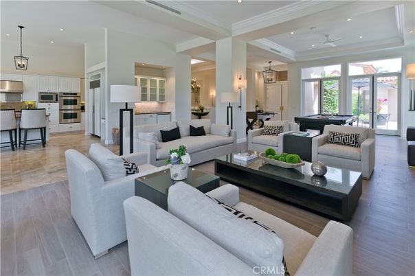 Billiard Table, Game Room, Interior, Kitchen, Living room, Pendant Lights, Recessed Lighting, Stainless Steel Appliances, Wood Texture Flooring