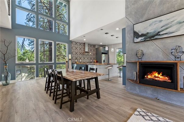Dining room, Fireplace, Interior, Kitchen, Pendant Lights, Recessed Lighting, Wood Texture Flooring