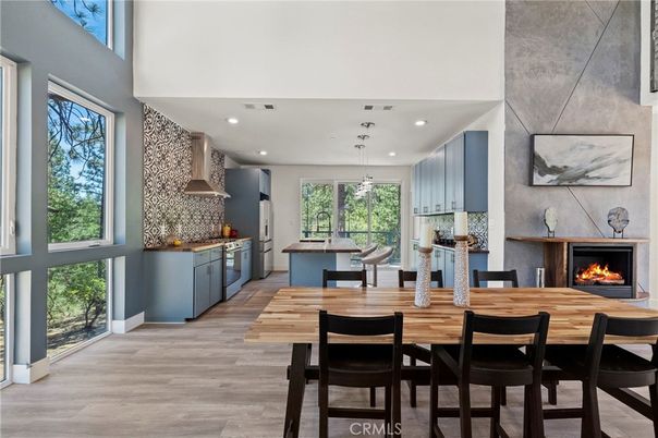 Dining room, Fireplace, Interior, Kitchen, Pendant Lights, Recessed Lighting, Wood Texture Flooring