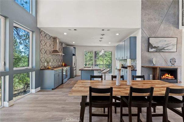 Dining room, Fireplace, Interior, Kitchen, Pendant Lights, Recessed Lighting, Wood Texture Flooring