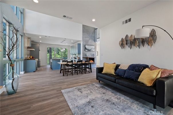Dining room, Fireplace, Interior, Kitchen, Living room, Recessed Lighting, Wood Texture Flooring