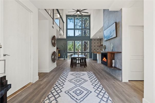 Dining room, Fireplace, Interior, Recessed Lighting, Wood Texture Flooring
