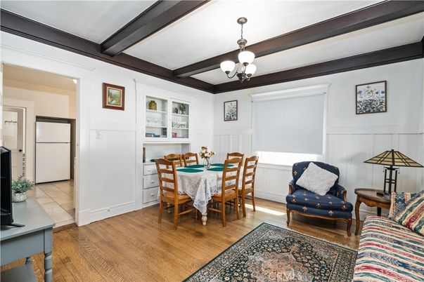 Chandelier, Dining room, Interior, Wooden Beams, Wood Texture Flooring