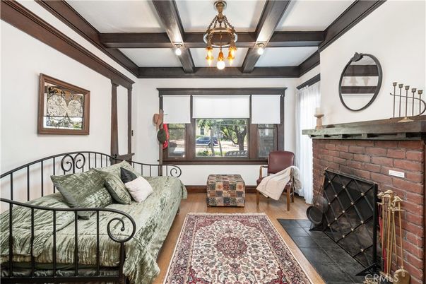Chandelier, Fireplace, Interior, Stone Walls, Wooden Beams, Wood Texture Flooring