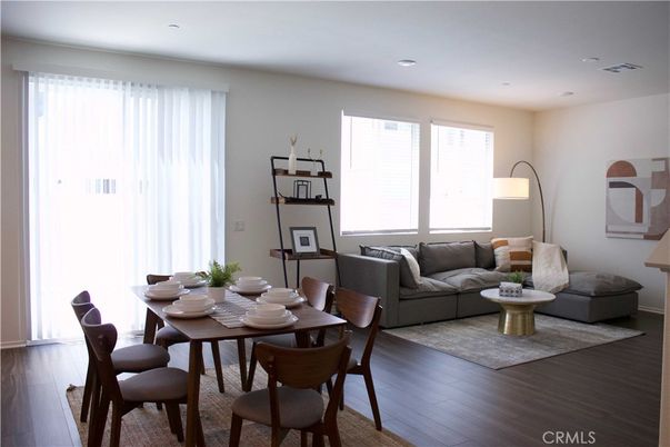 Dining room, Interior, Living room, Recessed Lighting, Wood Texture Flooring