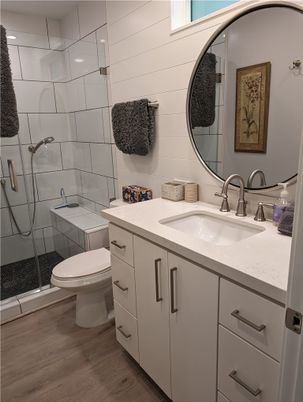 Bathroom, Glass Shower, Interior, Wood Texture Flooring