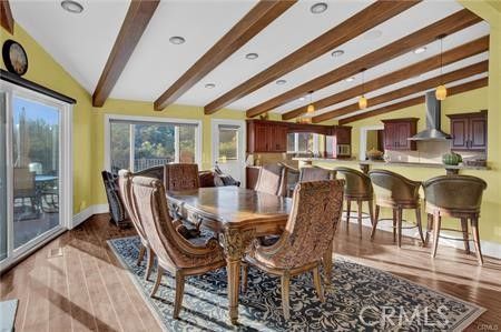 Dining room, Interior, Kitchen, Pendant Lights, Recessed Lighting, Wooden Beams, Wood Texture Flooring