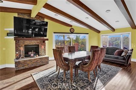 Dining room, Fireplace, Interior, Recessed Lighting, Wooden Beams, Wood Texture Flooring