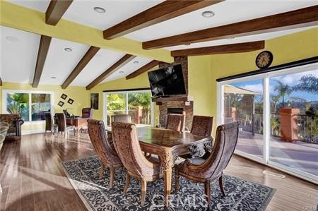 Dining room, Fireplace, Interior, Recessed Lighting, Wooden Beams, Wood Texture Flooring