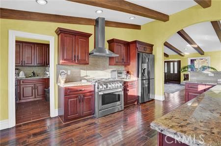 Interior, Kitchen, Recessed Lighting, Stainless Steel Appliances, Wooden Beams, Wood Texture Flooring