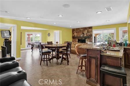 Home Theatre Room, Dining room, Fireplace, Interior, Living room, Recessed Lighting, Stone Walls