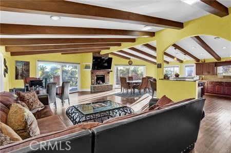 Dining room, Fireplace, Interior, Kitchen, Living room, Pendant Lights, Recessed Lighting, Wooden Beams, Wood Texture Flooring