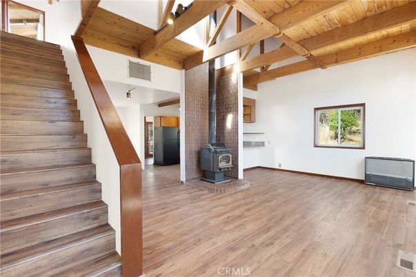 Empty room, Fireplace, Interior, Wooden Beams, Wooden Ceilings, Wood Texture Flooring