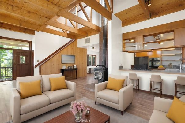 Interior, Kitchen, Living room, Stainless Steel Appliances, Wooden Beams, Wooden Ceilings, Wood Texture Flooring, Wooden Walls