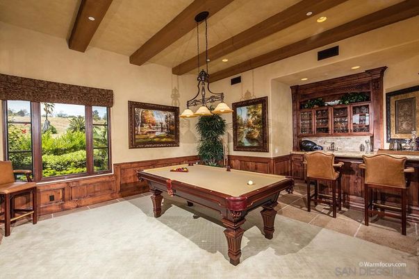 Billiard Table, Chandelier, Game Room, Interior, Pendant Lights, Recessed Lighting, Wooden Beams