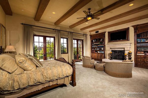 Bedroom, Fireplace, Interior, Recessed Lighting, Wooden Beams