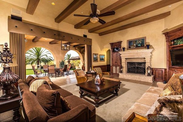 Dining room, Fireplace, Interior, Living room, Recessed Lighting, Wooden Beams