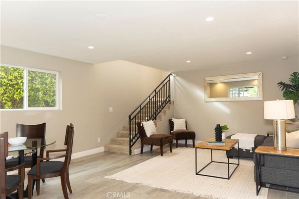 Dining room, Interior, Living room, Recessed Lighting, Wood Texture Flooring