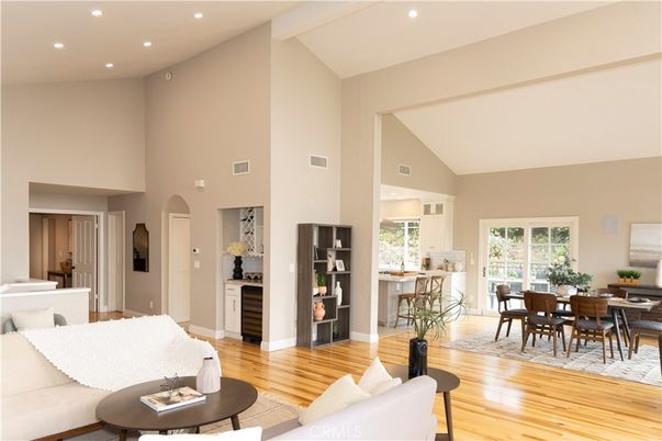 Dining room, Interior, Living room, Recessed Lighting, Wood Texture Flooring