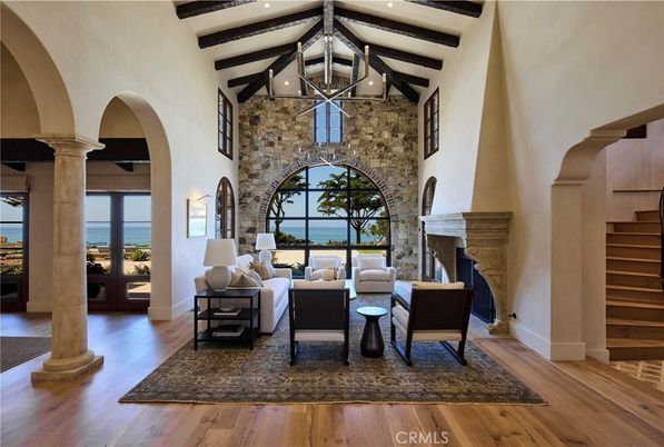Fireplace, Interior, Living room, Stone Walls, Water, Wooden Beams, Wood Texture Flooring